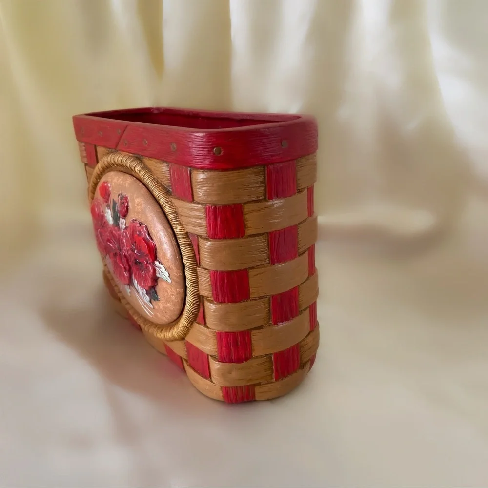 Vintage 70s ceramic floral planter basket holder home decor container